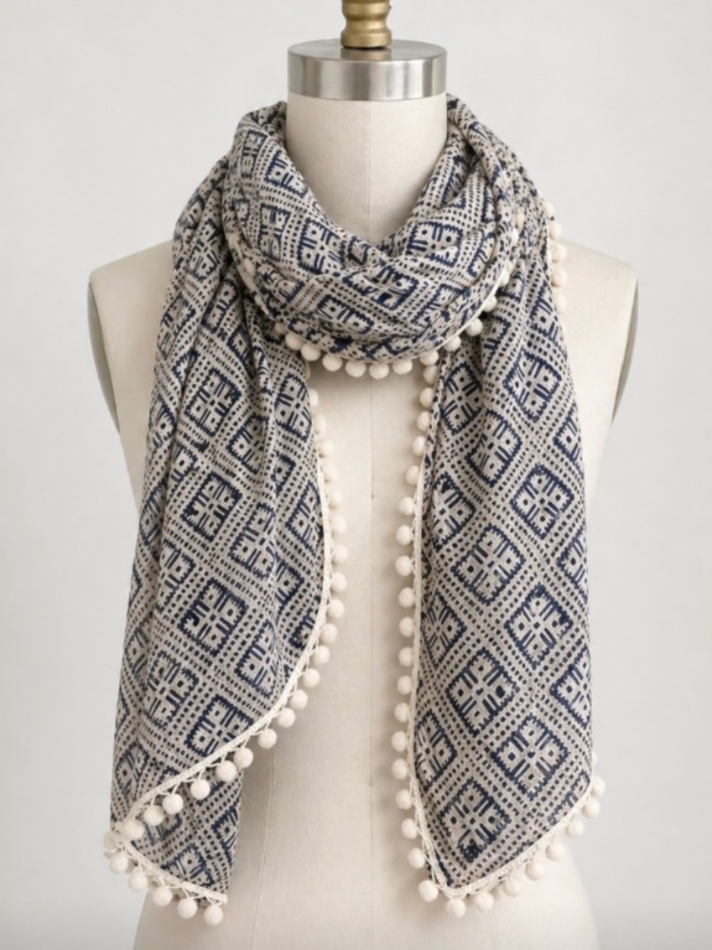 Tory Burch Geometric Pom Pom Scarf - Pink & Navy Modal Cashmere Wrap